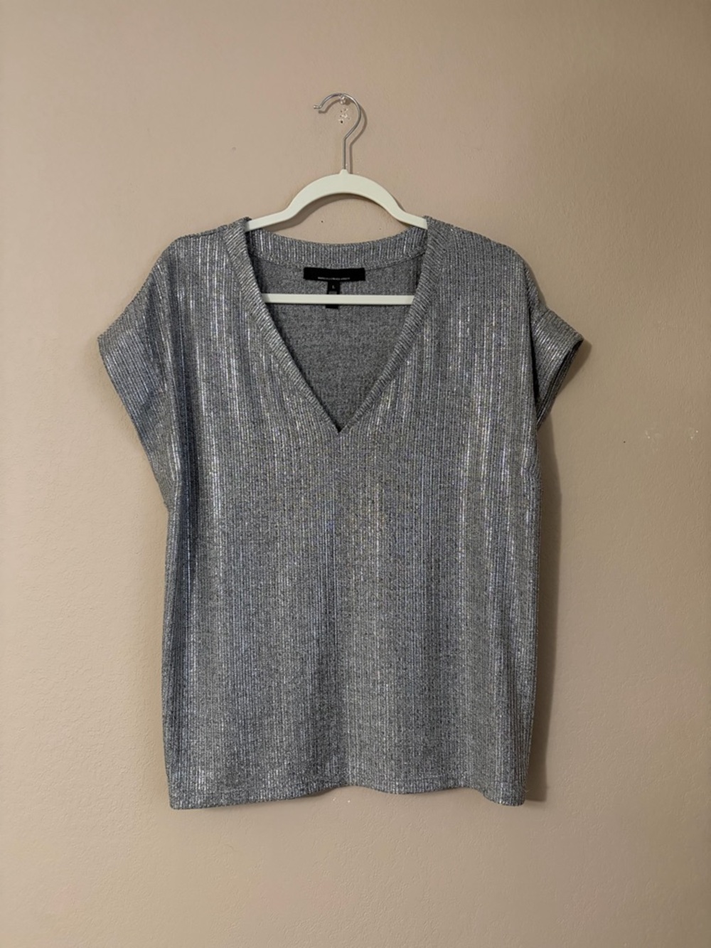 White House Black Market Silver Metallic Lurex V-Neck Top Large